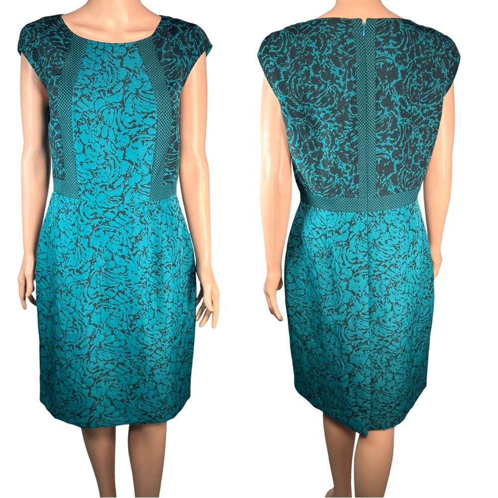 Antonio Melani Teal Black Floral Jacquard Cap Sleeve Sheath Dress Size 10
